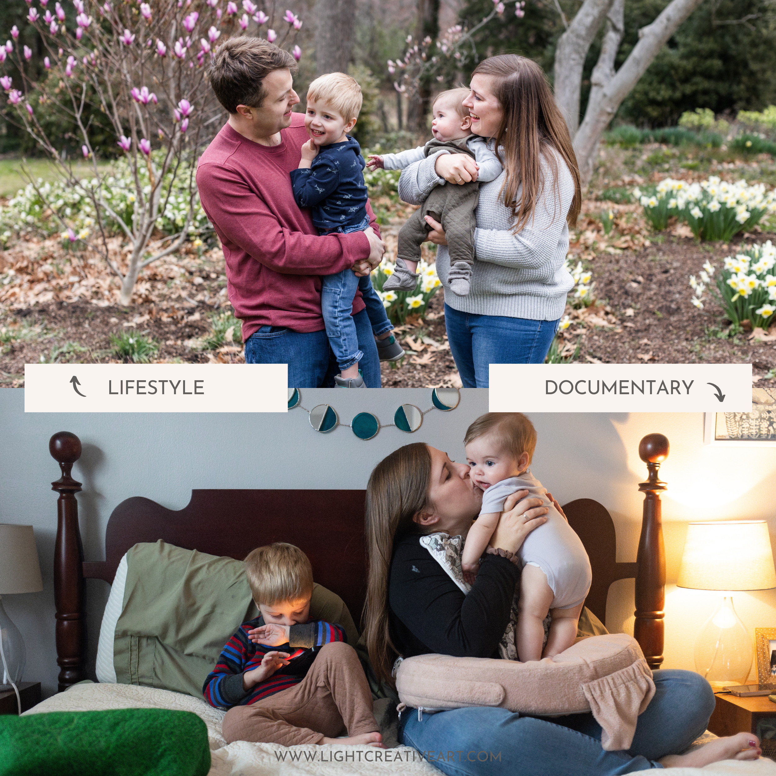 A graphic with one photo on the top showing a lifestyle family photo in a park and one photo on the bottom showing the same family in a candid documentary photo taken at home