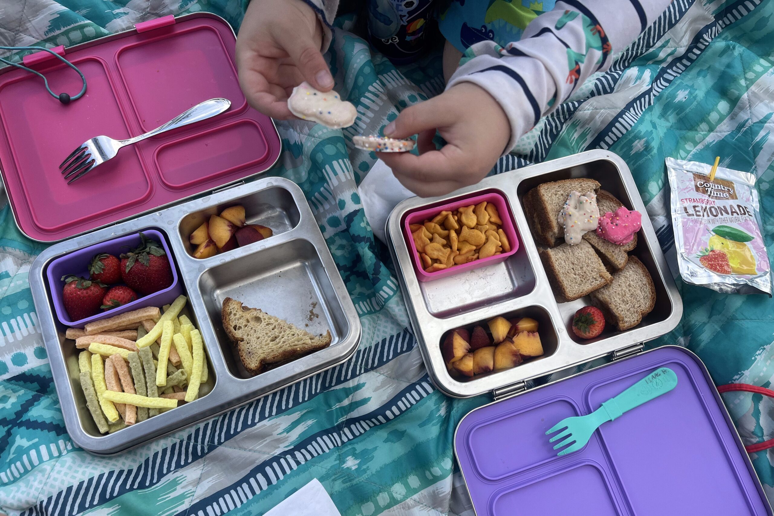 Two Bentgo kids lunch boxes open with lunch showing during a picnic at a park
